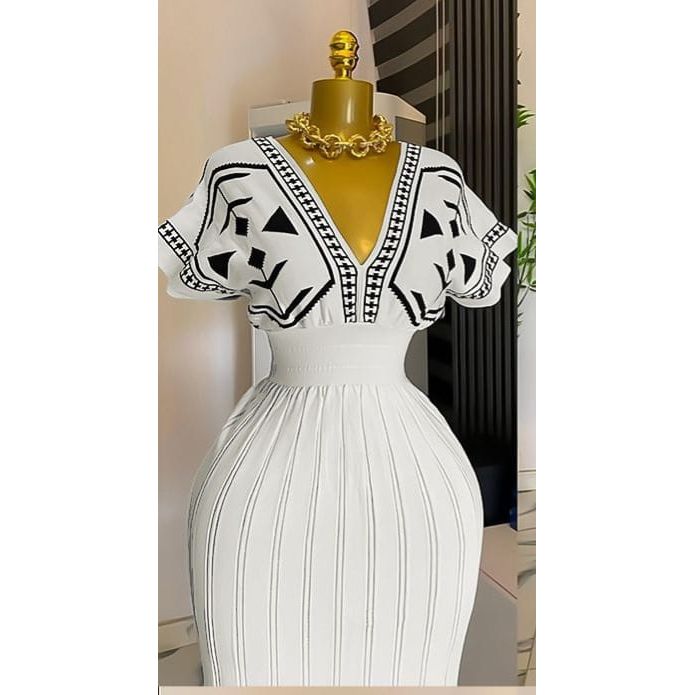 Knitted  V-neck Pattern Printed Dress