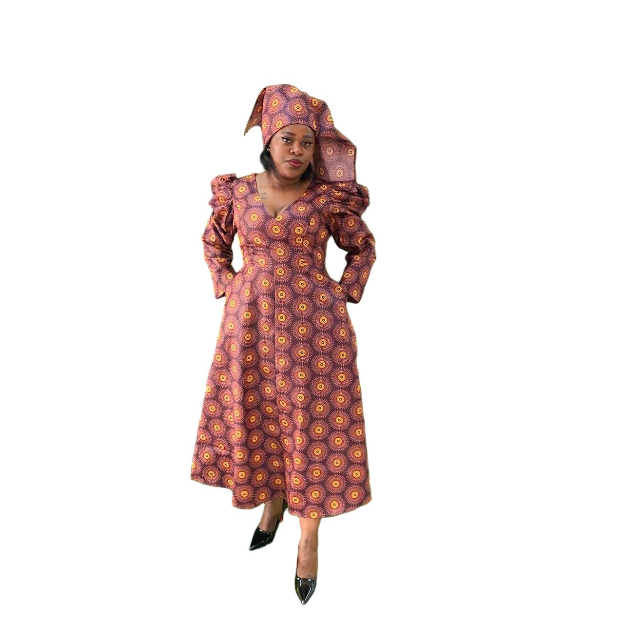 V-Neck Long Sleeve Ankara Dress