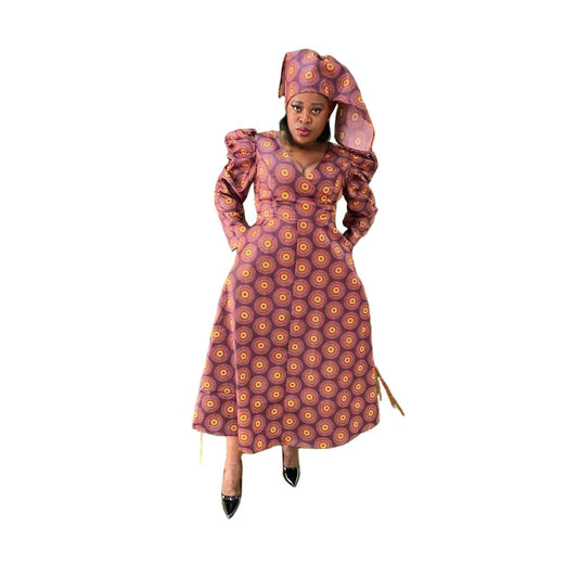 V-Neck Long Sleeve Ankara Dress