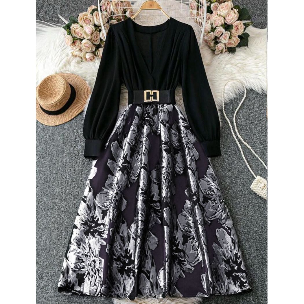 Plus Size Elegant Long Sleeve Embossed Print Patchwork Solid Color Adjustable Waist Dress