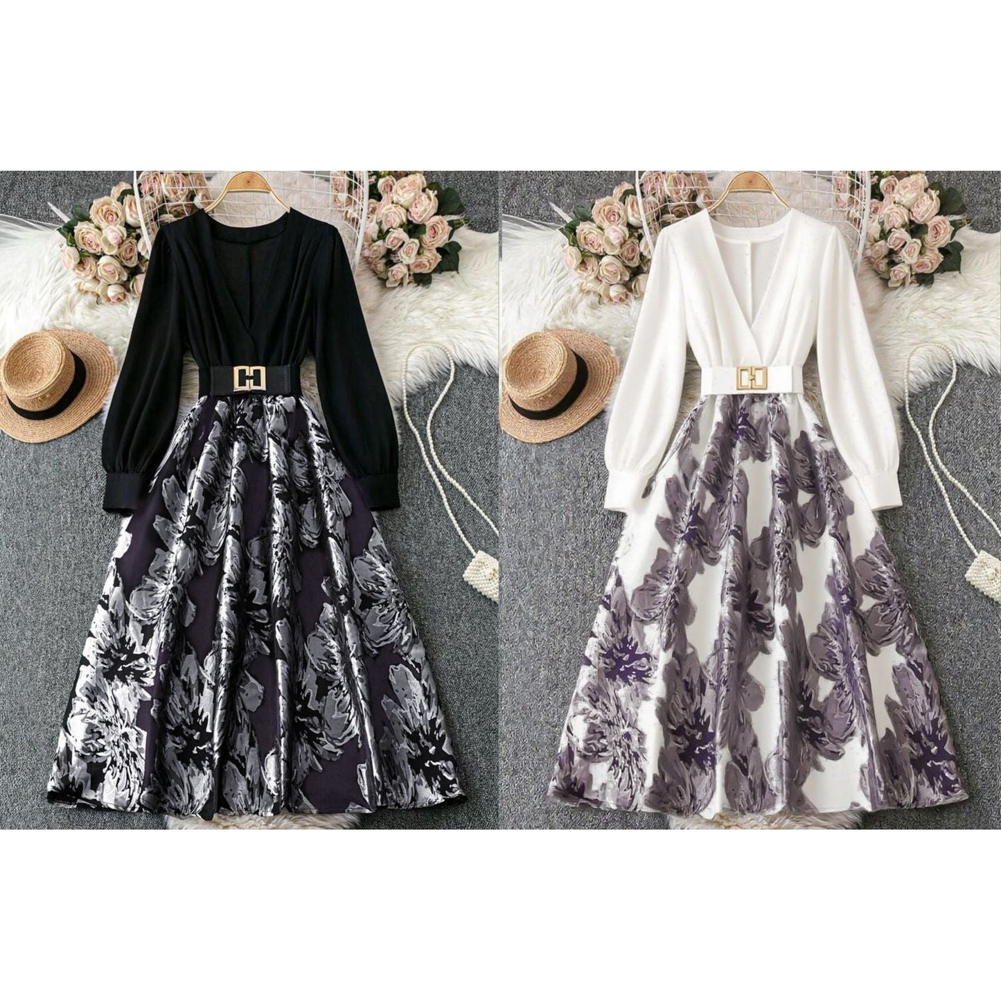 Plus Size Elegant Long Sleeve Embossed Print Patchwork Solid Color Adjustable Waist Dress