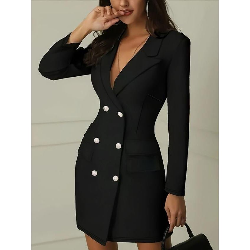 Long Lapel Collar Sleeve Double-Breasted Blazer Dress