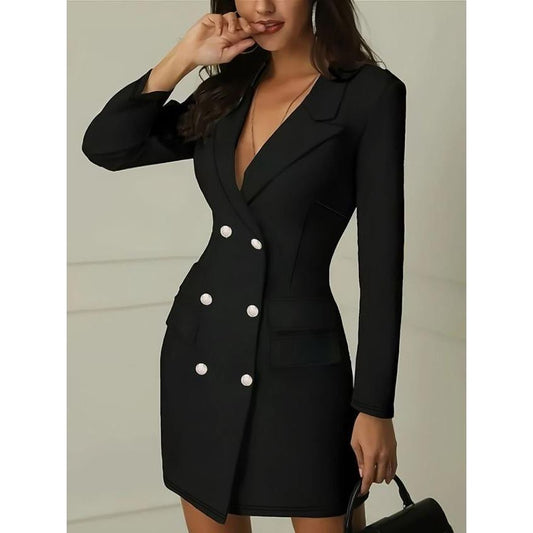 Long Lapel Collar Sleeve Double-Breasted Blazer Dress