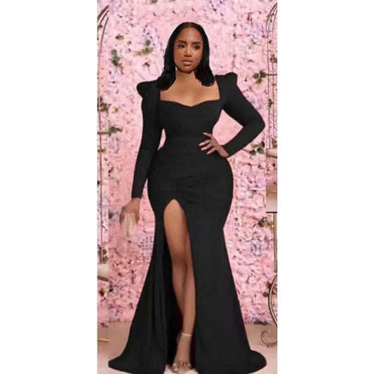 Puff Sleeve Side Draped Split Thigh Mermaid Hem Formal Dress