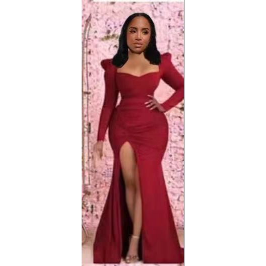 Puff Sleeve Side Draped Split Thigh Mermaid Hem Formal Dress