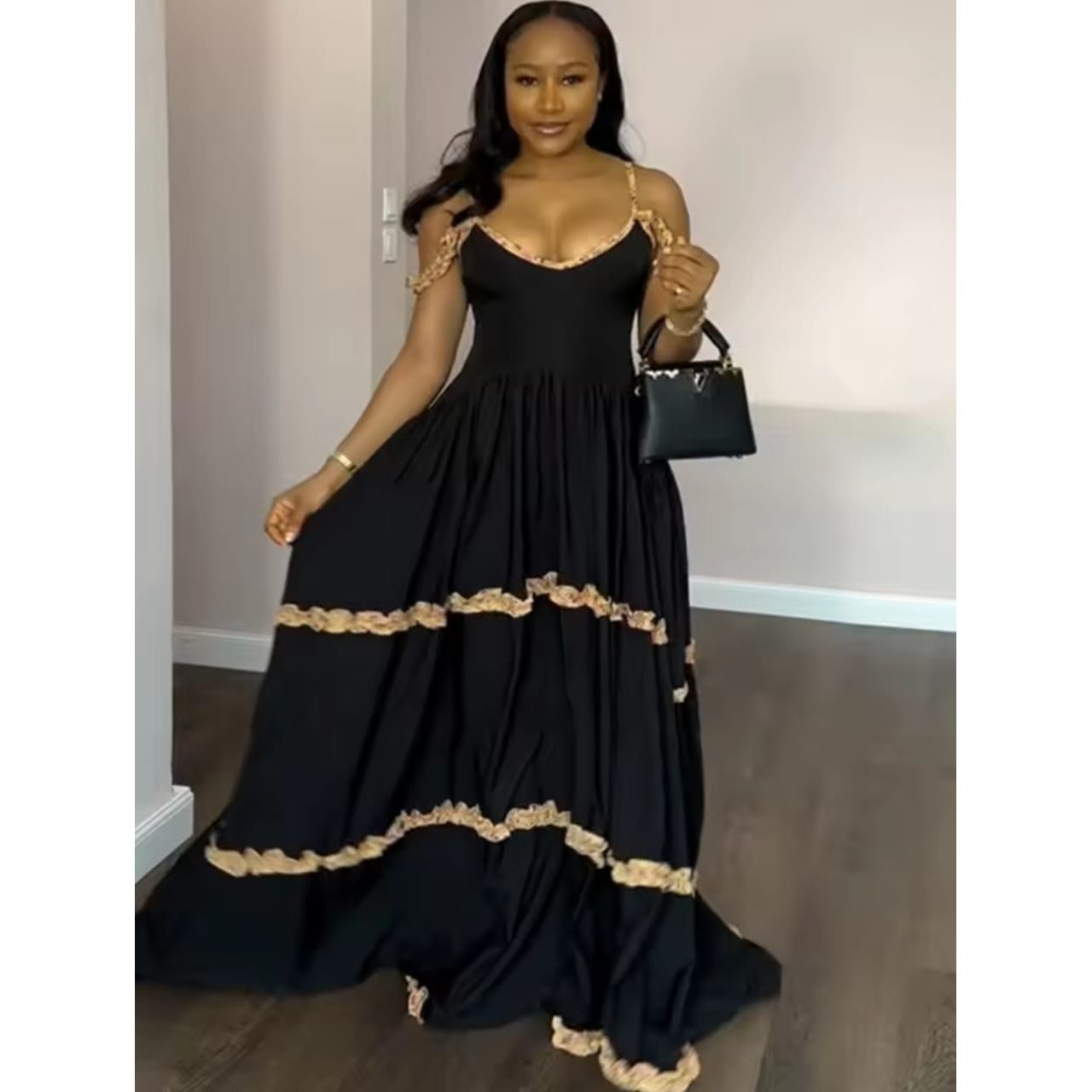 V-neck Thin Strap Elegant Solid Maxi Dress