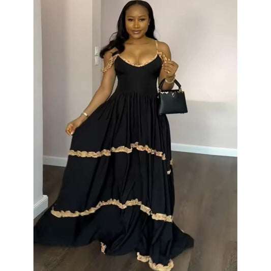 V-neck Thin Strap Elegant Solid Maxi Dress