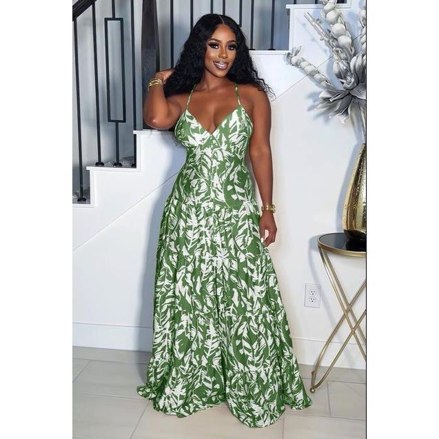 V-Neck Printed Waisted Flare Hem Vacation Dress