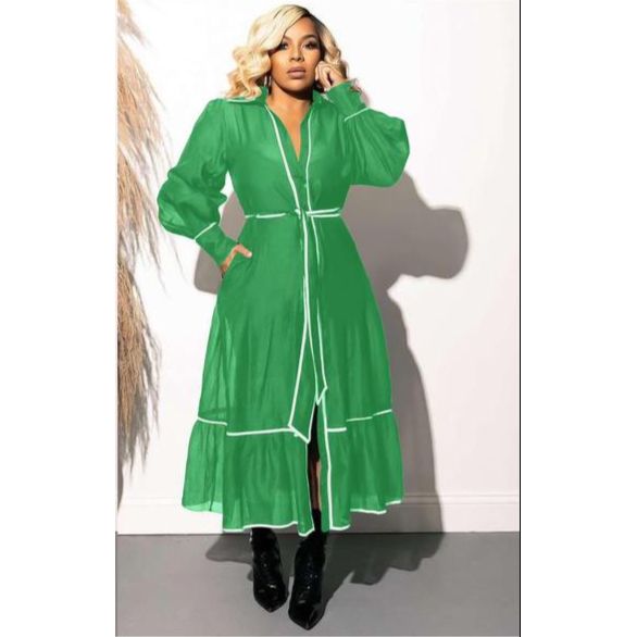 Long Sleeve White Trim Solid Color Maxi Dress