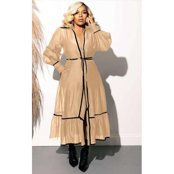 Long Sleeve White Trim Solid Color Maxi Dress