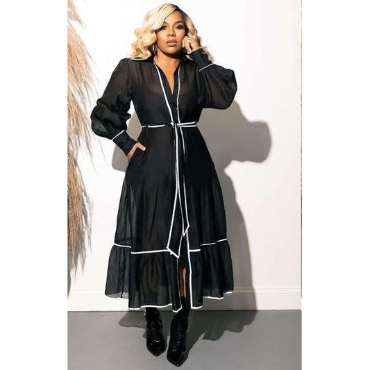 Long Sleeve White Trim Solid Color Maxi Dress