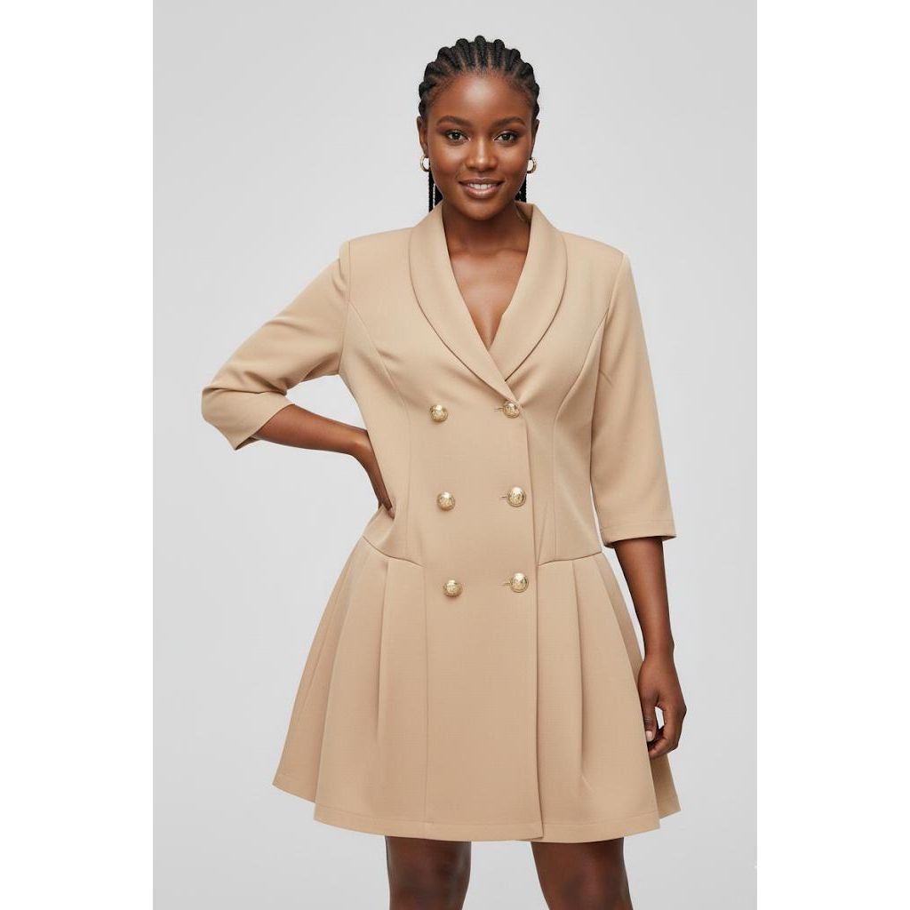 Solid Color Double-Breasted Blazer Dress