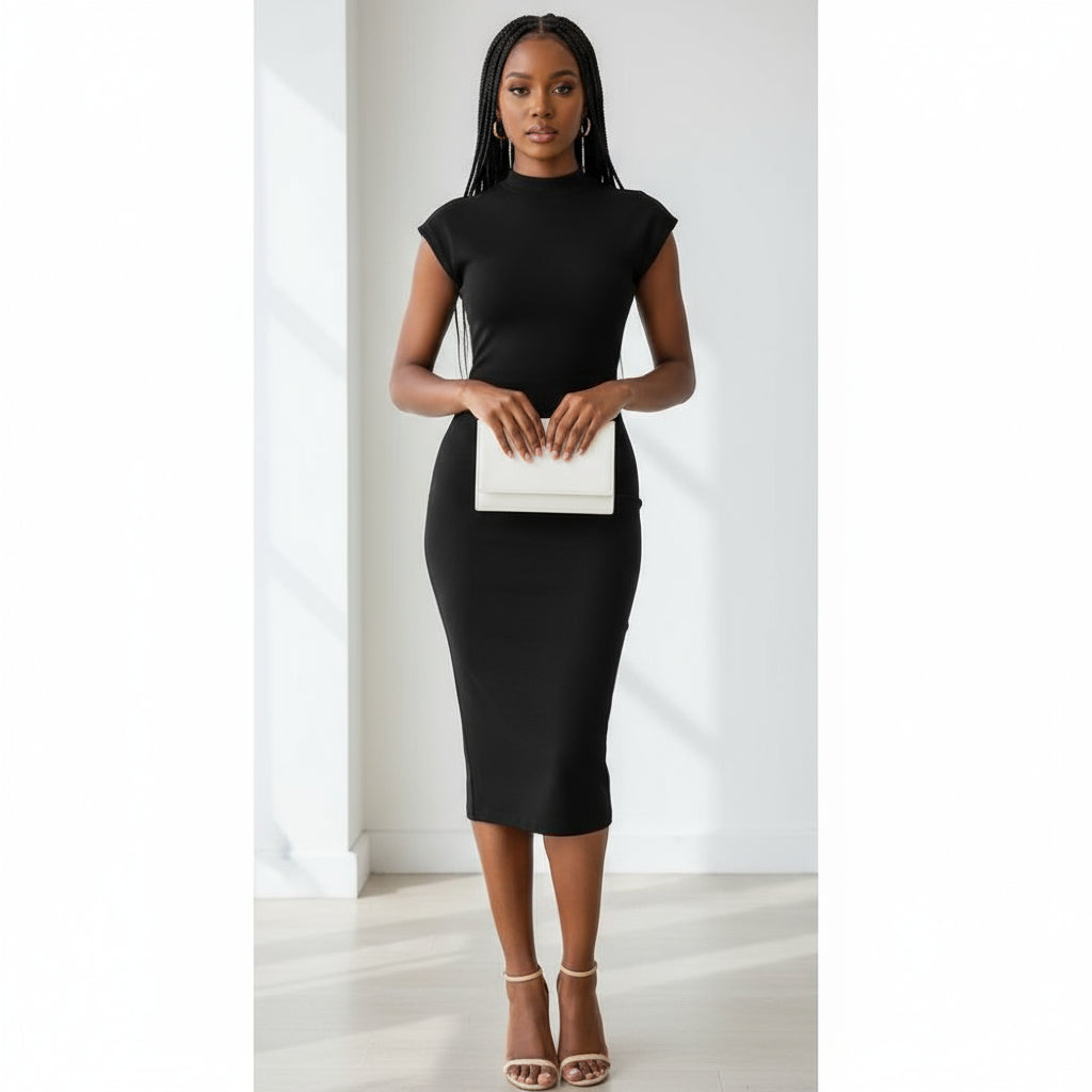 Sexy Round Neck Pleated Sleeveless Plain Colour Midi Dress