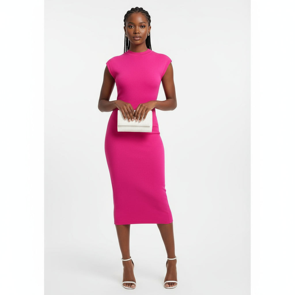 Sexy Round Neck Pleated Sleeveless Plain Colour Midi Dress