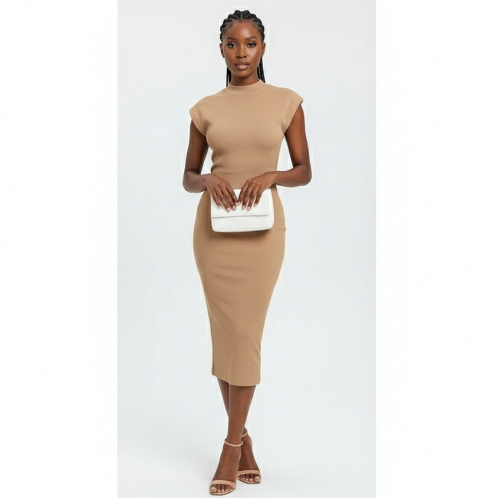 Sexy Round Neck Pleated Sleeveless Plain Colour Midi Dress