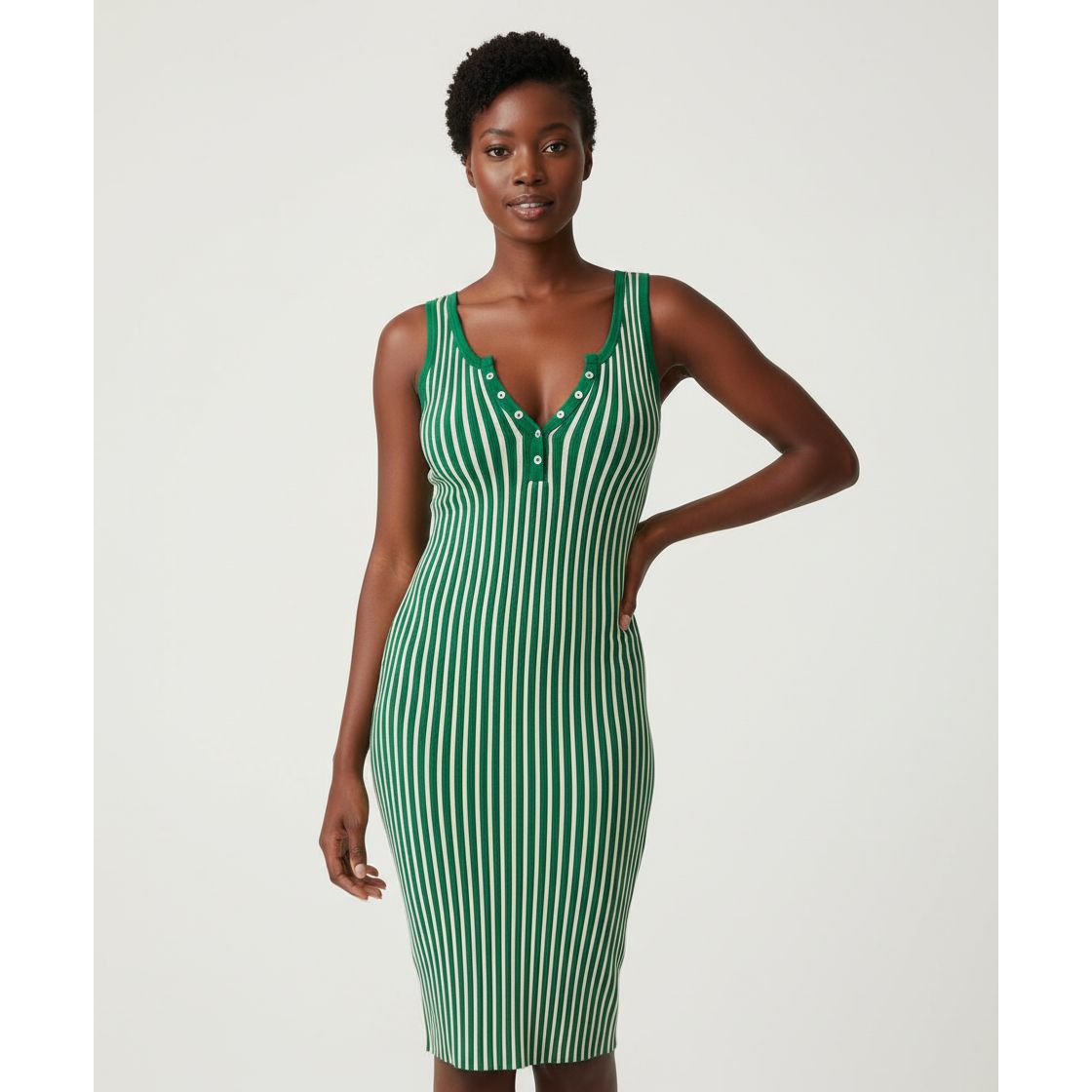 Striped Sleeveless Henley Midi Dress