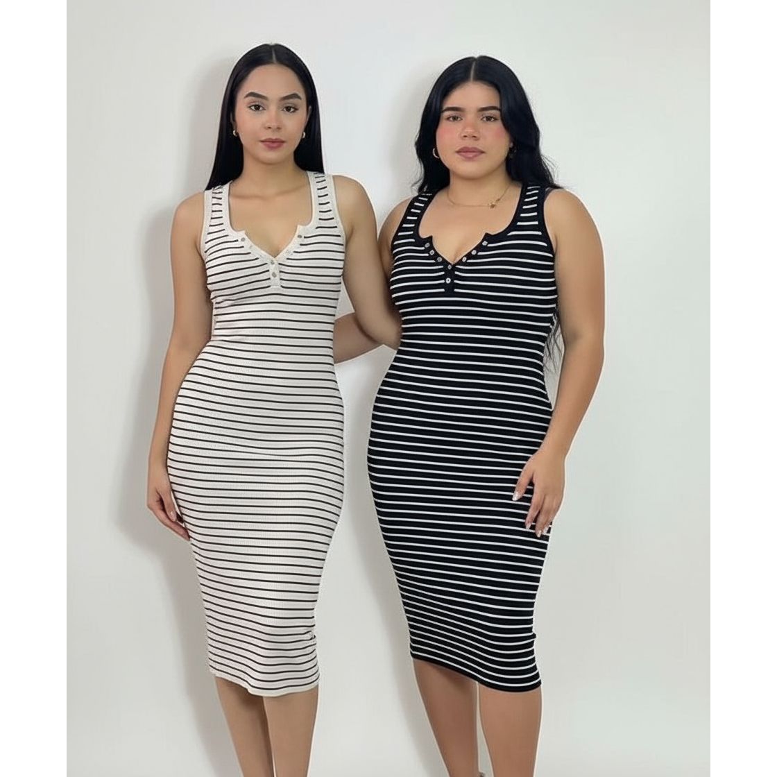 Striped Sleeveless Henley Midi Dress