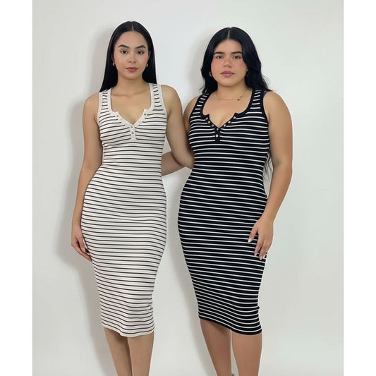 Striped Sleeveless Henley Midi Dress
