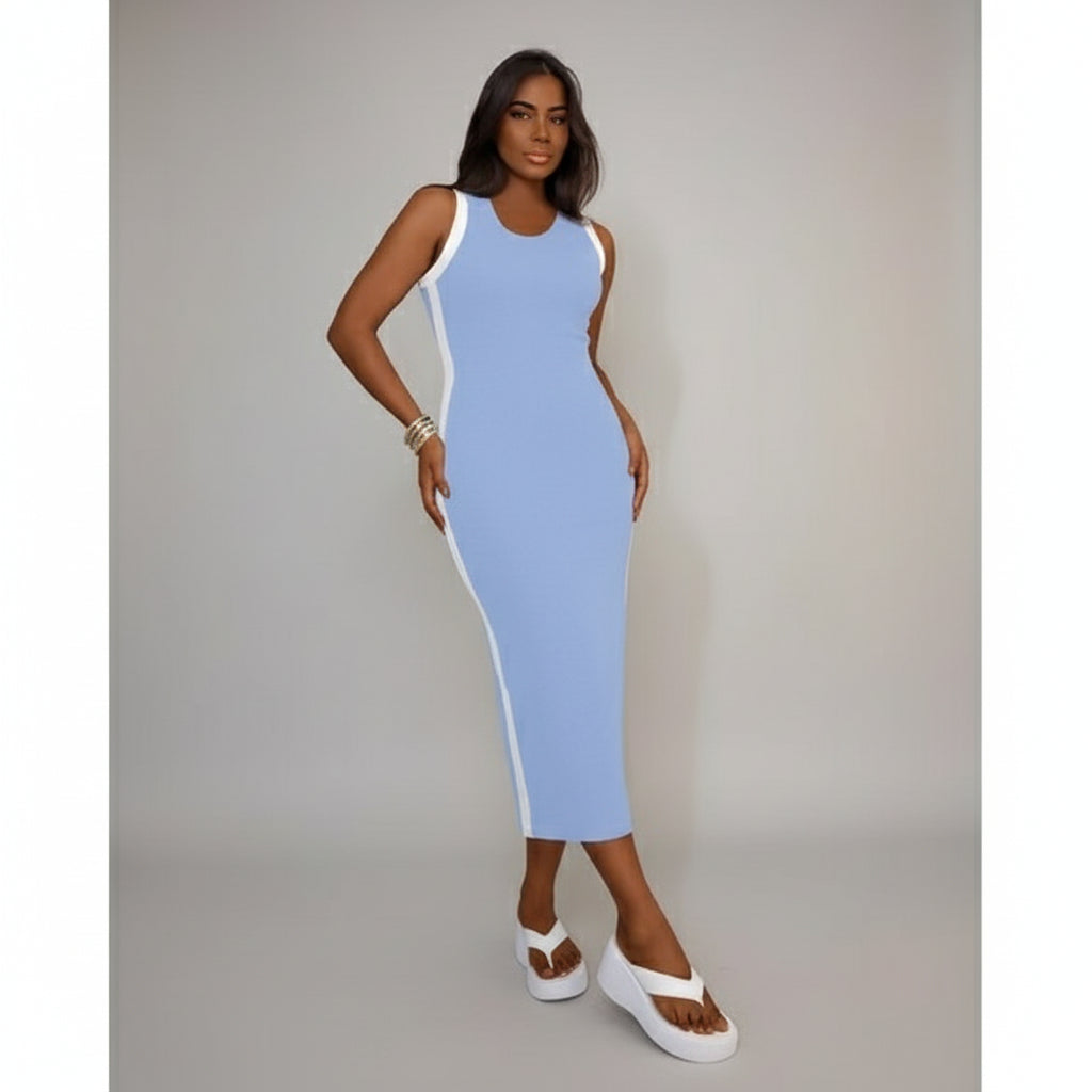 Round Neck Tight Sleeveless Trimmed Midi Dress