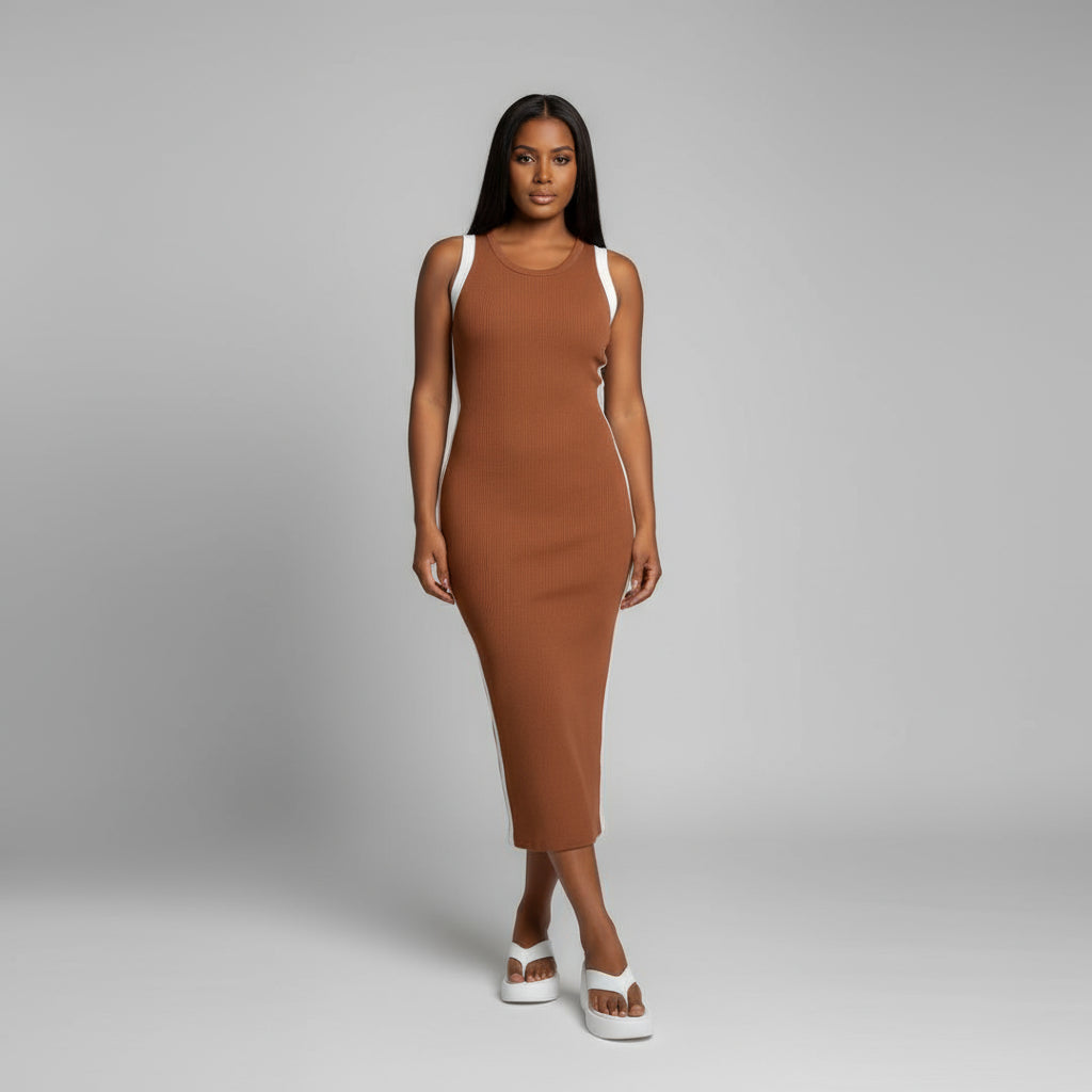 Round Neck Tight Sleeveless Trimmed Midi Dress