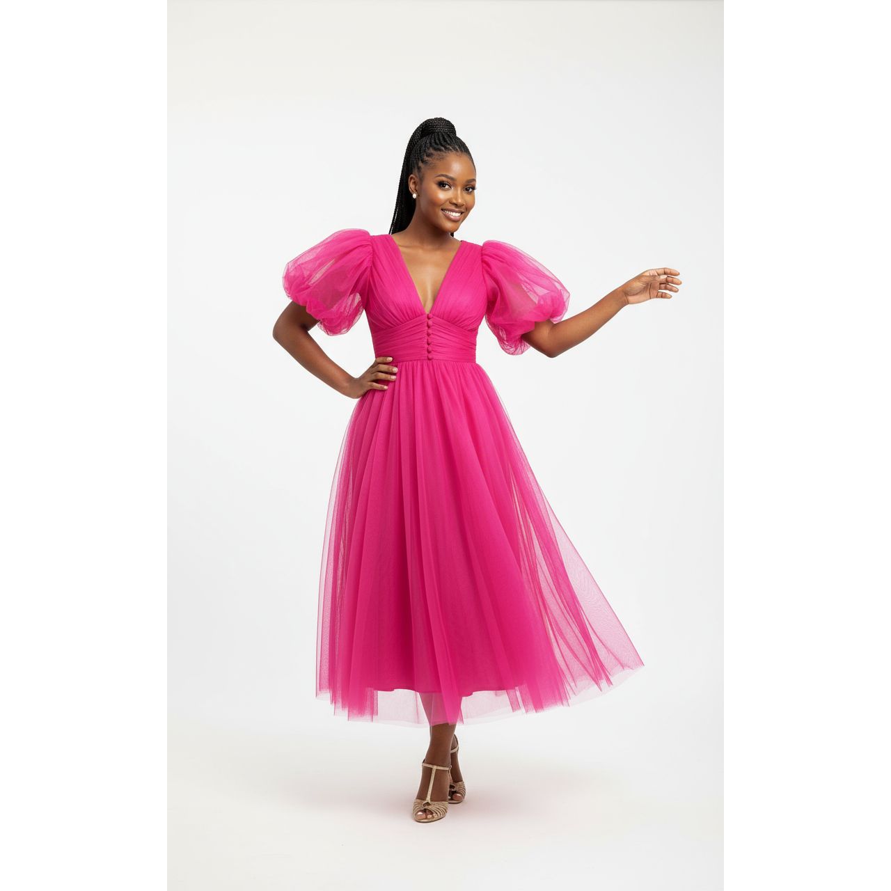 Puffy Sleeve Prom Dresses for Women Dotted Tulle V Neck Formal Evening Party