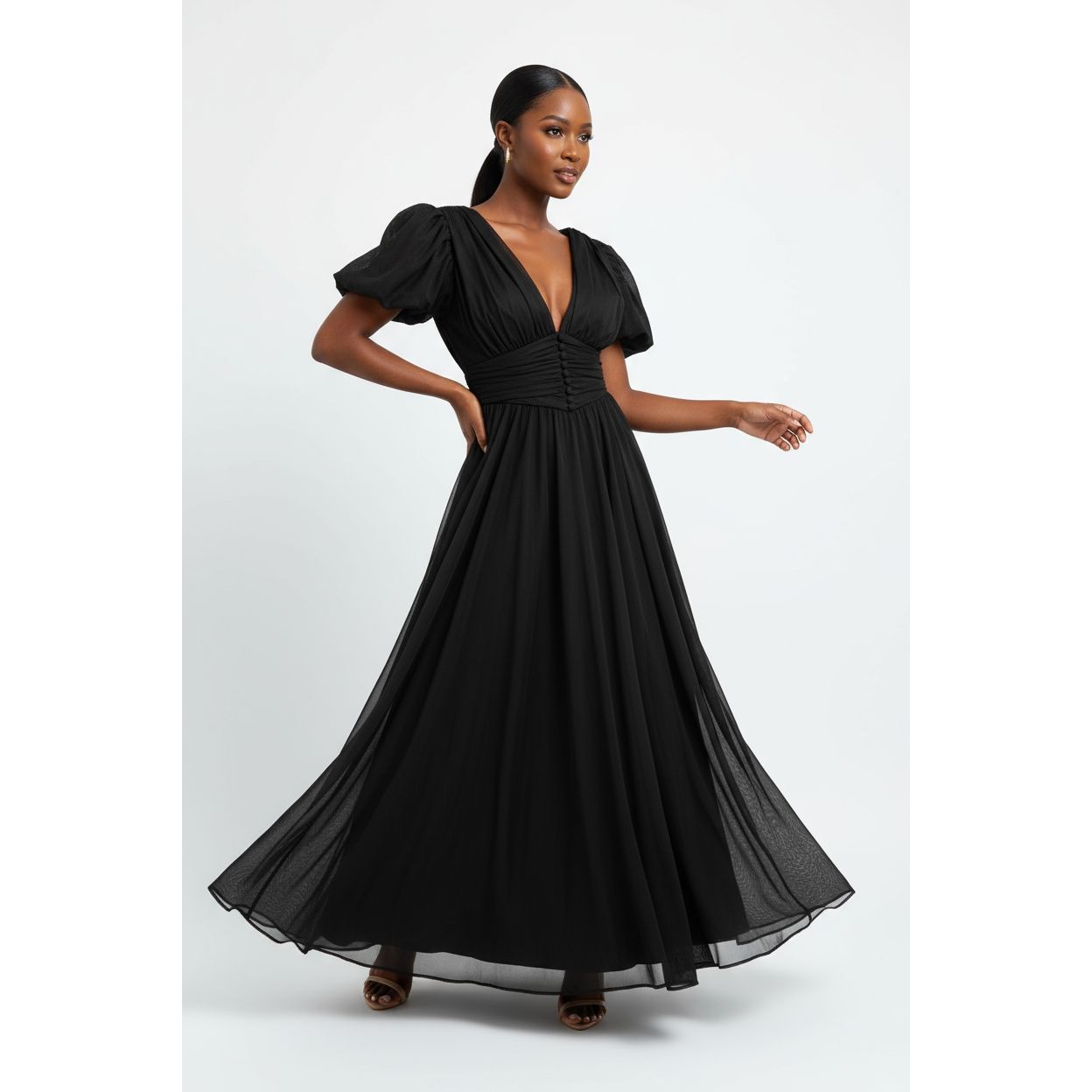 Puffy Sleeve Prom Dresses for Women Dotted Tulle V Neck Formal Evening Party