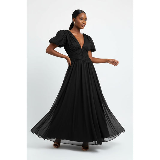 Puffy Sleeve Prom Dresses for Women Dotted Tulle V Neck Formal Evening Party