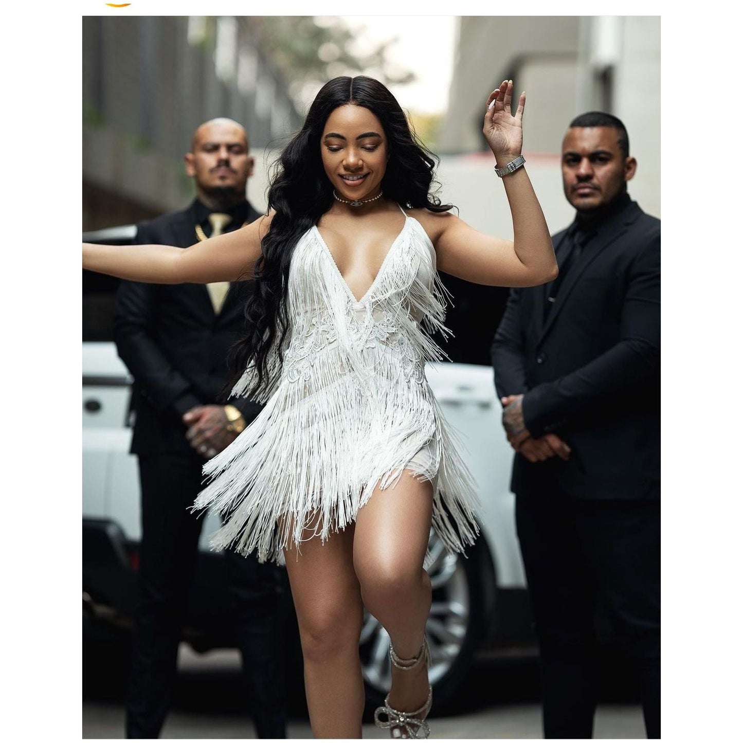 Fringe Detailed V-Neck Mini Dress