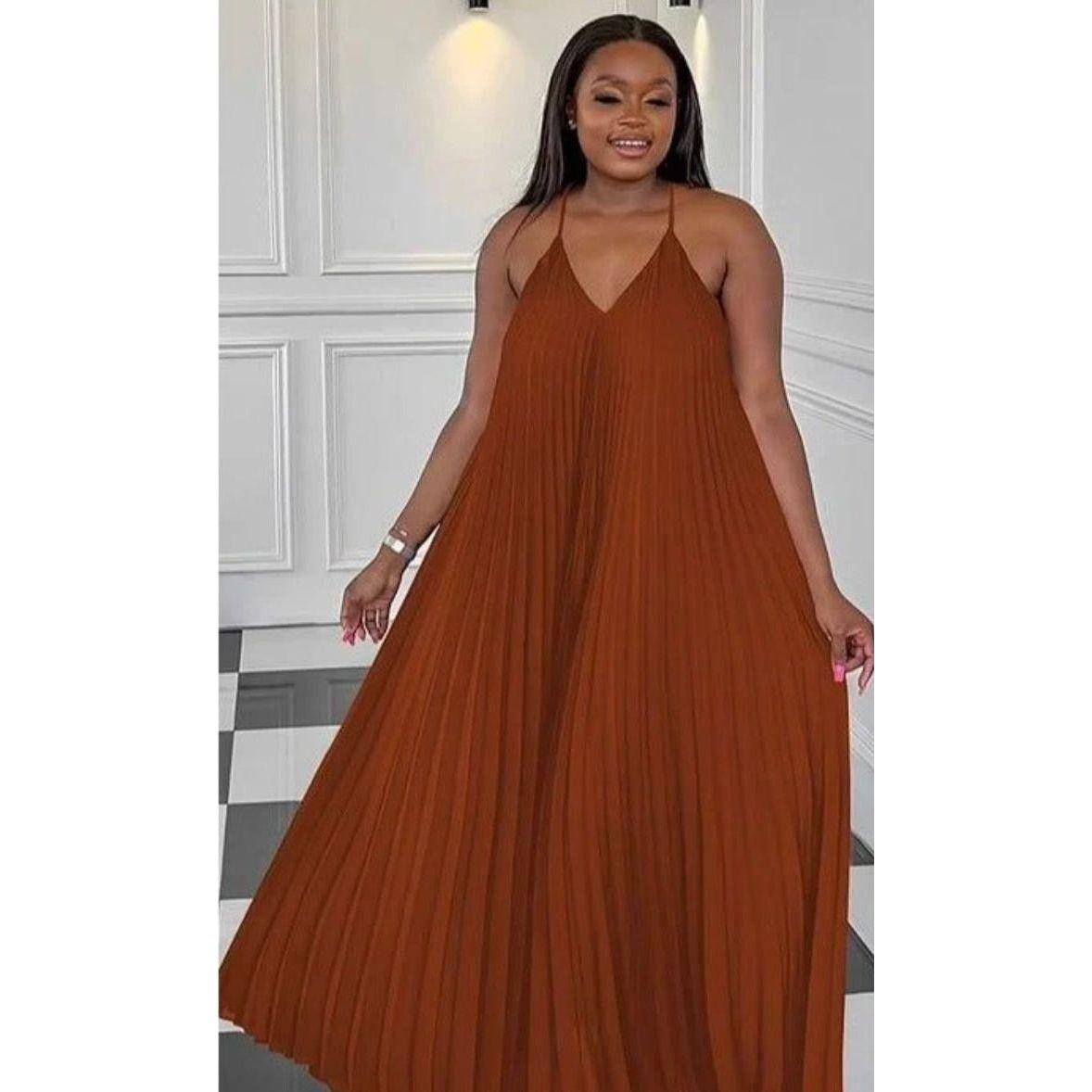 Pleated Sleeveless Midi V-neck Dress.