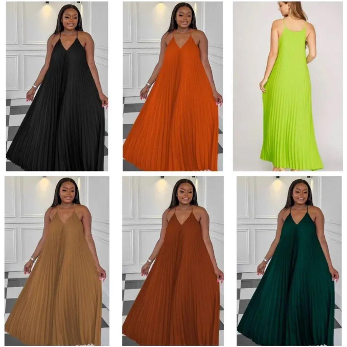 Pleated Sleeveless Midi V-neck Dress.