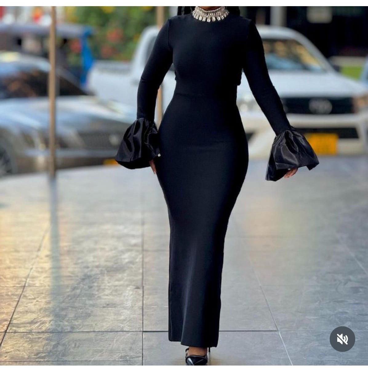 Mermaid Black Long Sleeves Prom Dress.