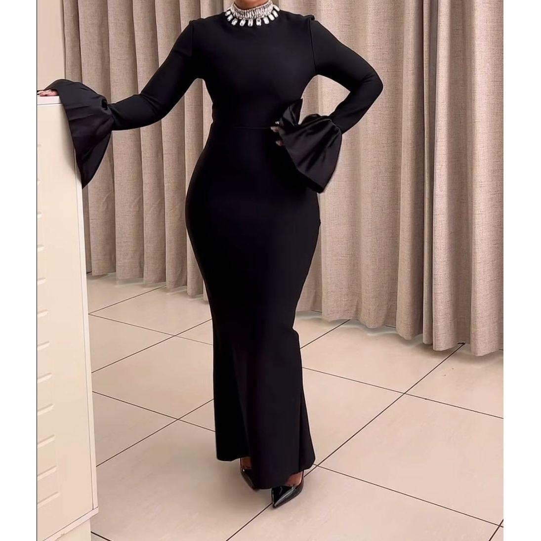 Mermaid Black Long Sleeves Prom Dress.