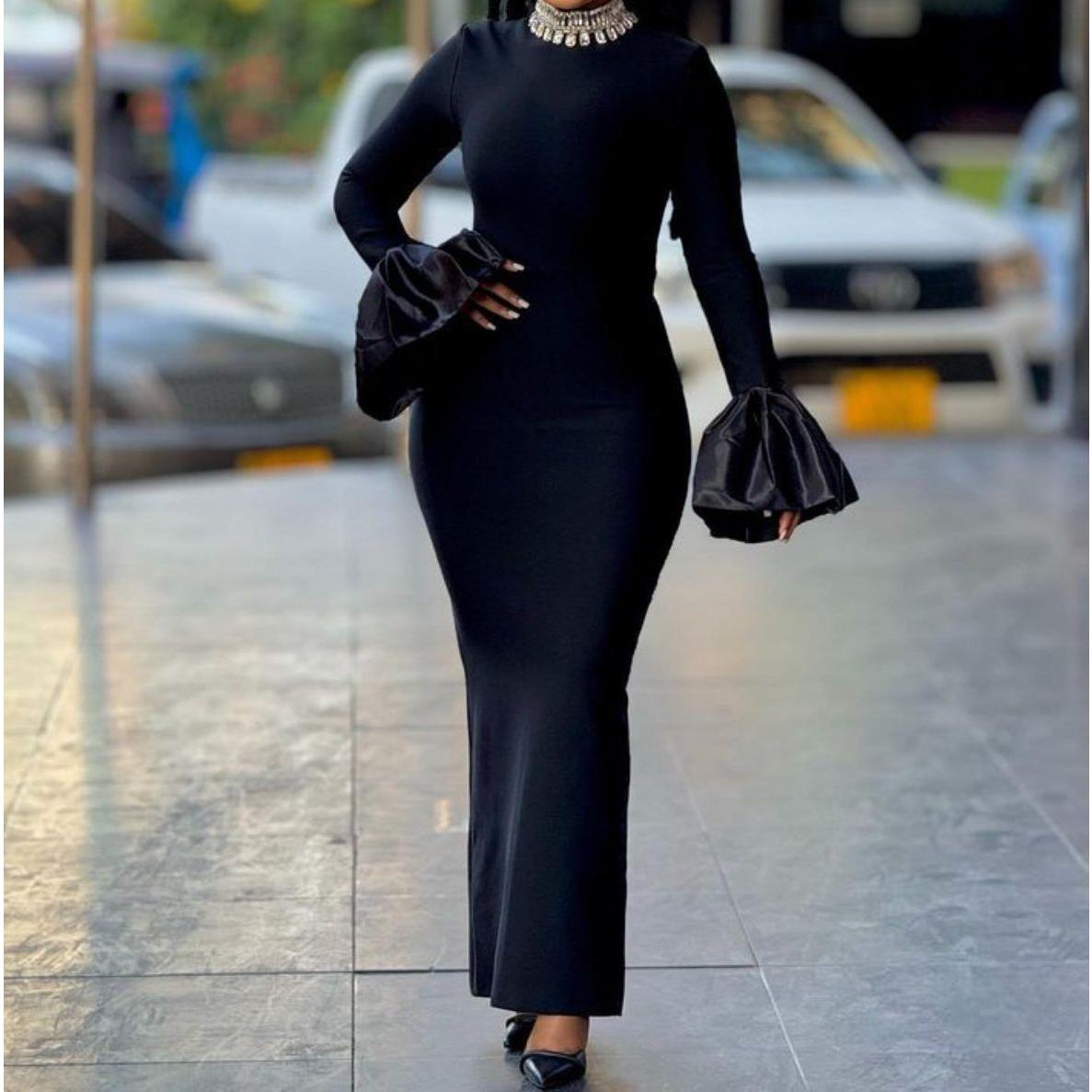 Mermaid Black Long Sleeves Prom Dress.