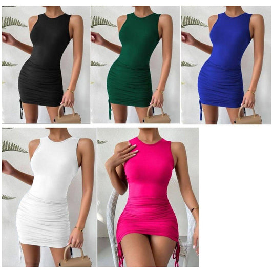 Ruched Drawstring Side Solid Bodycon Dress.