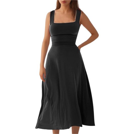 Sleeveless Square Neck Polyester Midi Dress