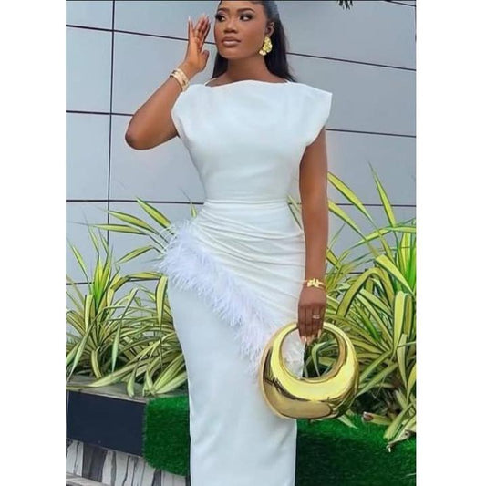 O-Neck Elegant Feather Patchwork Slim Fit Dress