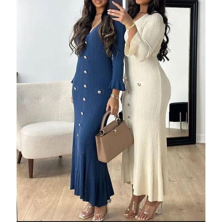 Long Sleeve V-neck Knitted Bodycon Maxi Dress