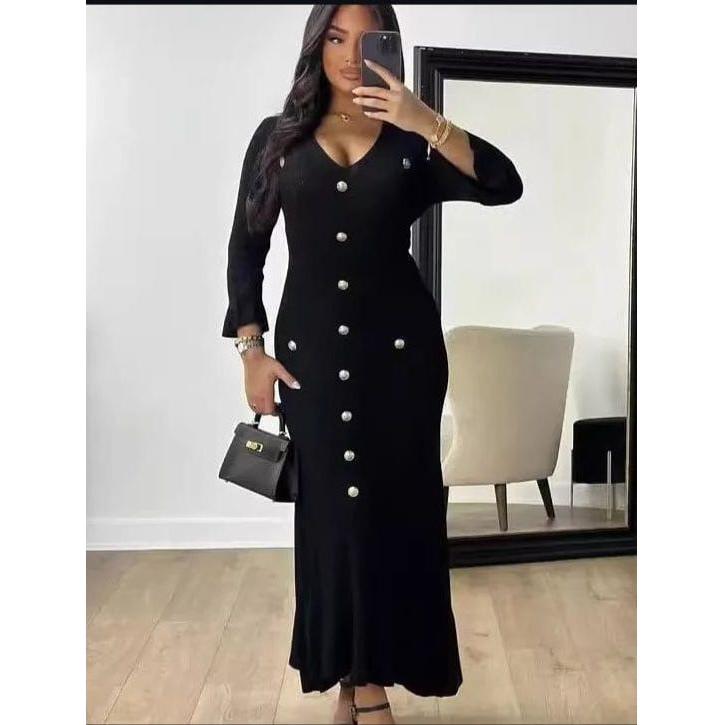 Long Sleeve V-neck Knitted Bodycon Maxi Dress