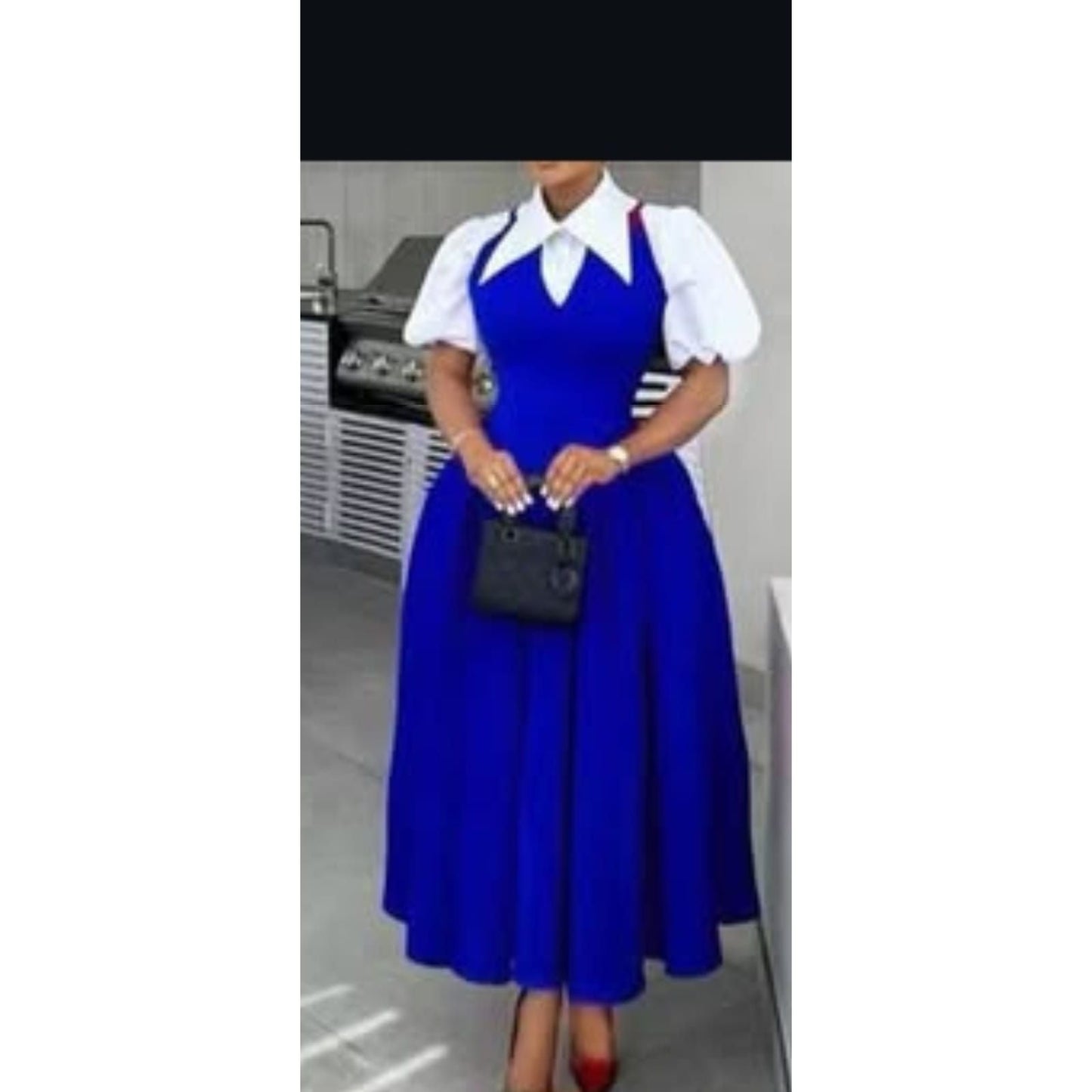 Bubble Sleeve Shirt Collar High Waist Slimming Dress