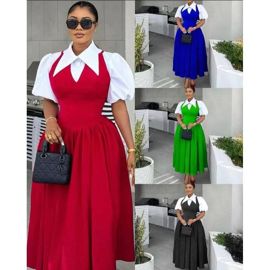 Bubble Sleeve Shirt Collar High Waist Slimming Dress
