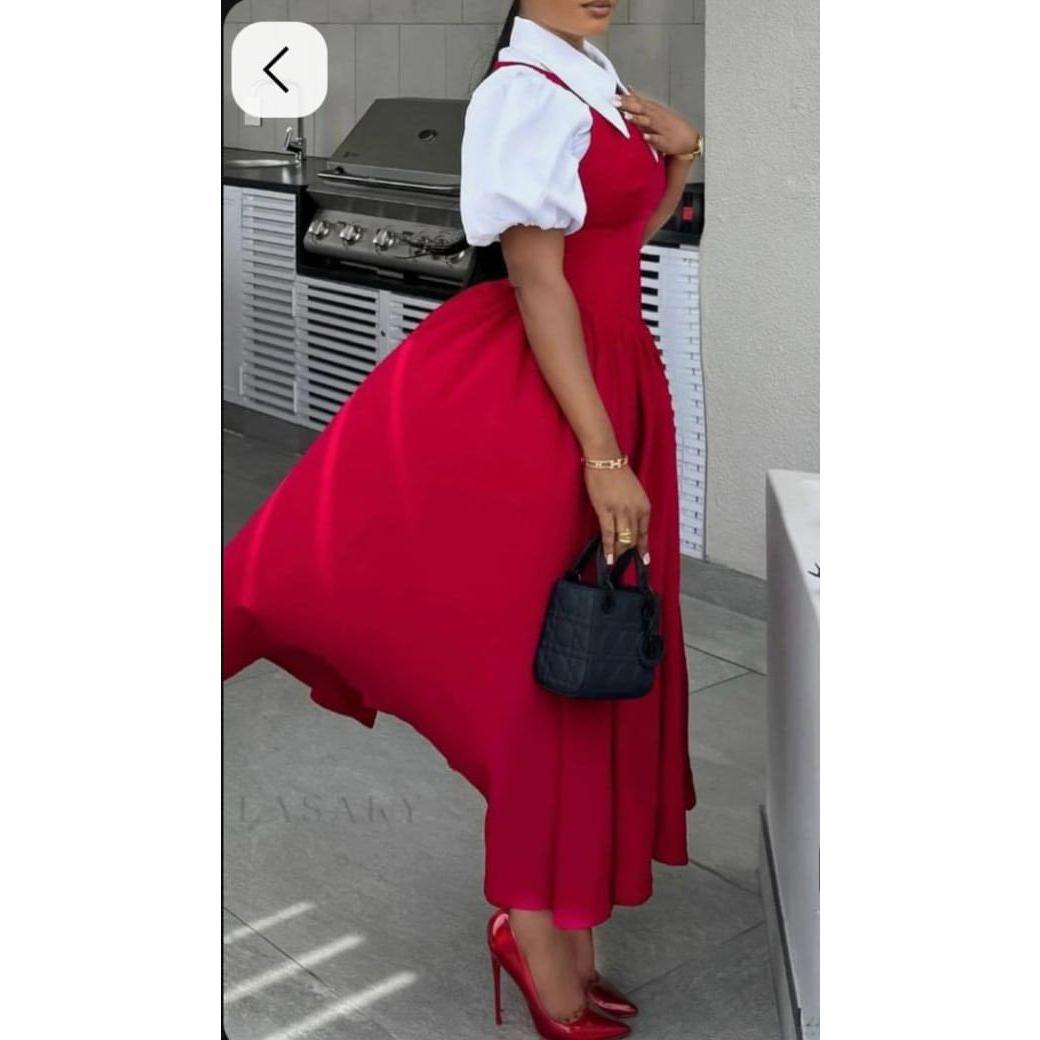 Bubble Sleeve Shirt Collar High Waist Slimming Dress