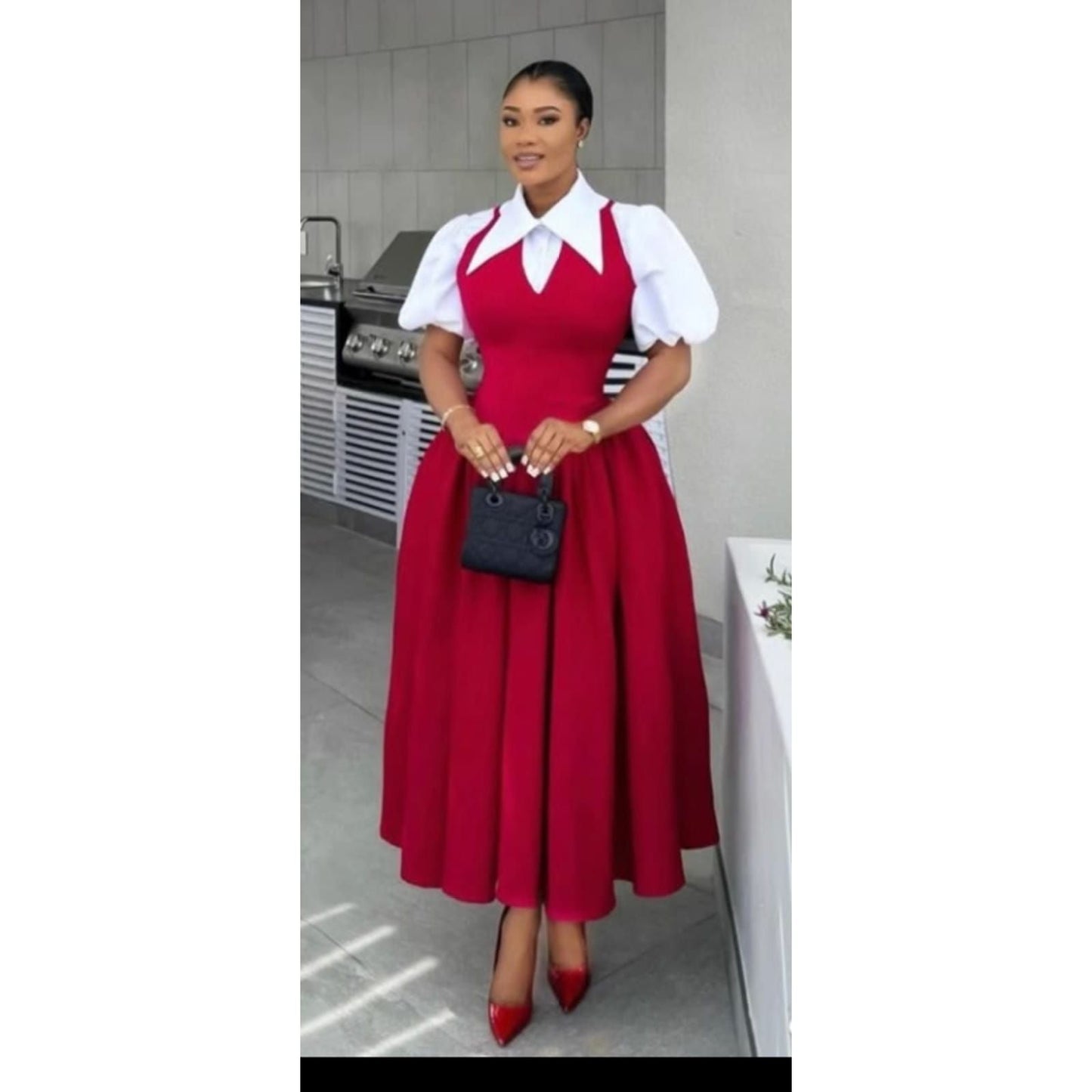 Bubble Sleeve Shirt Collar High Waist Slimming Dress