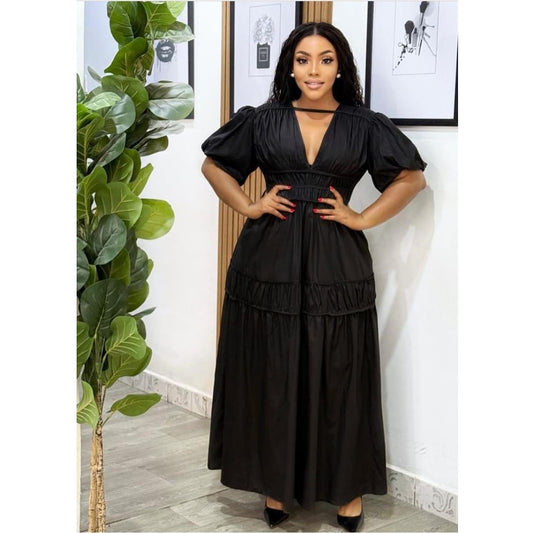 V-Neck Detailed Puffer Sleeve Maxi Dress