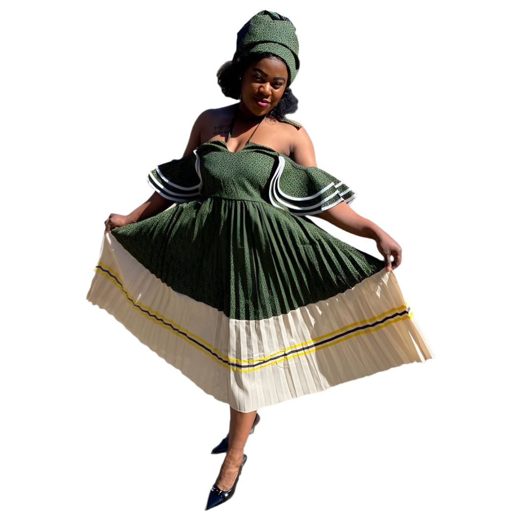 Flare Sleeves Off-Shoulder Pleated Traditional Midi Dress