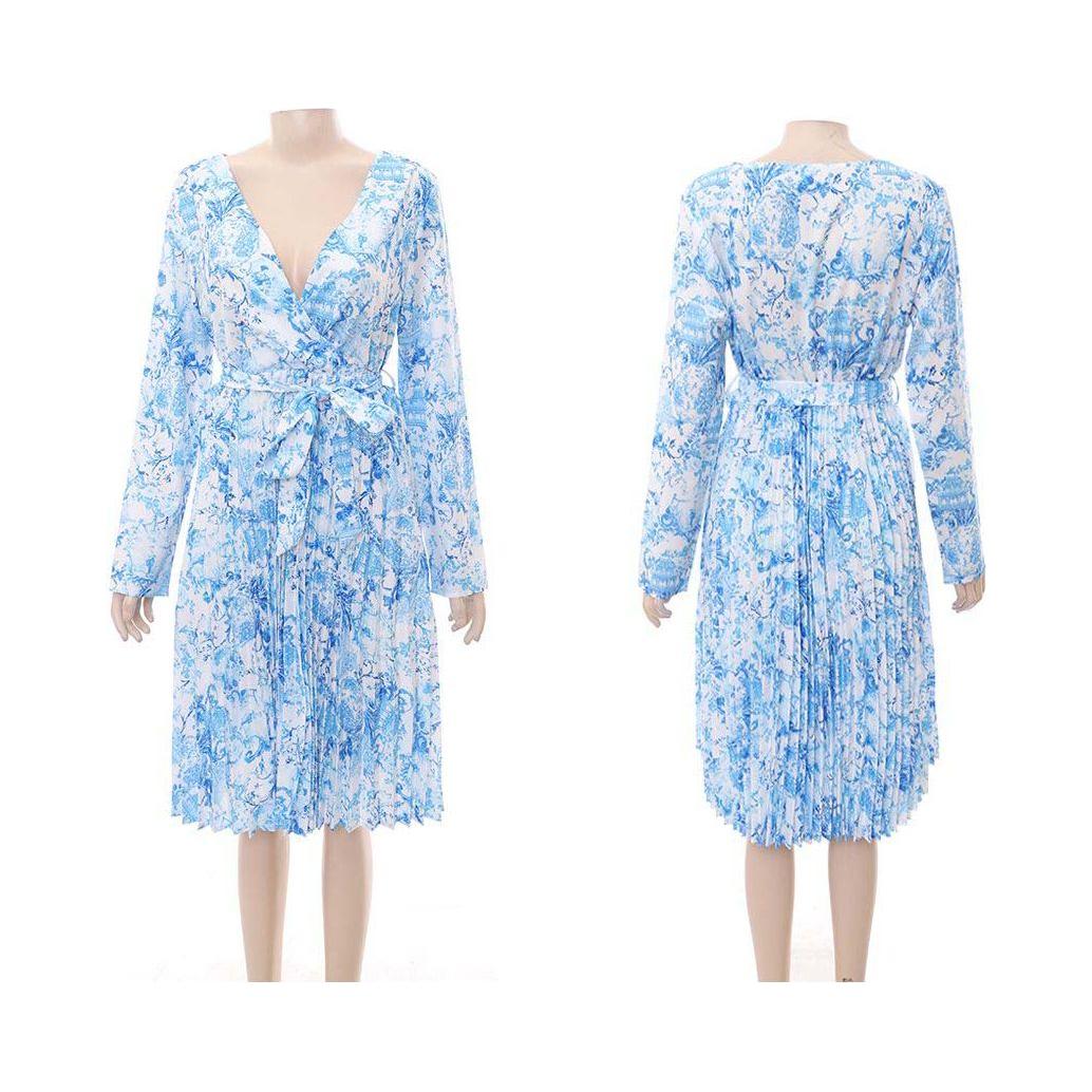 V-Neck High Waisted Pleated Dress