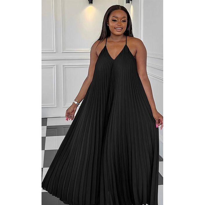 Pleated Sleeveless Midi V-neck Dress.