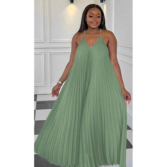 Pleated Sleeveless Midi V-neck Dress.
