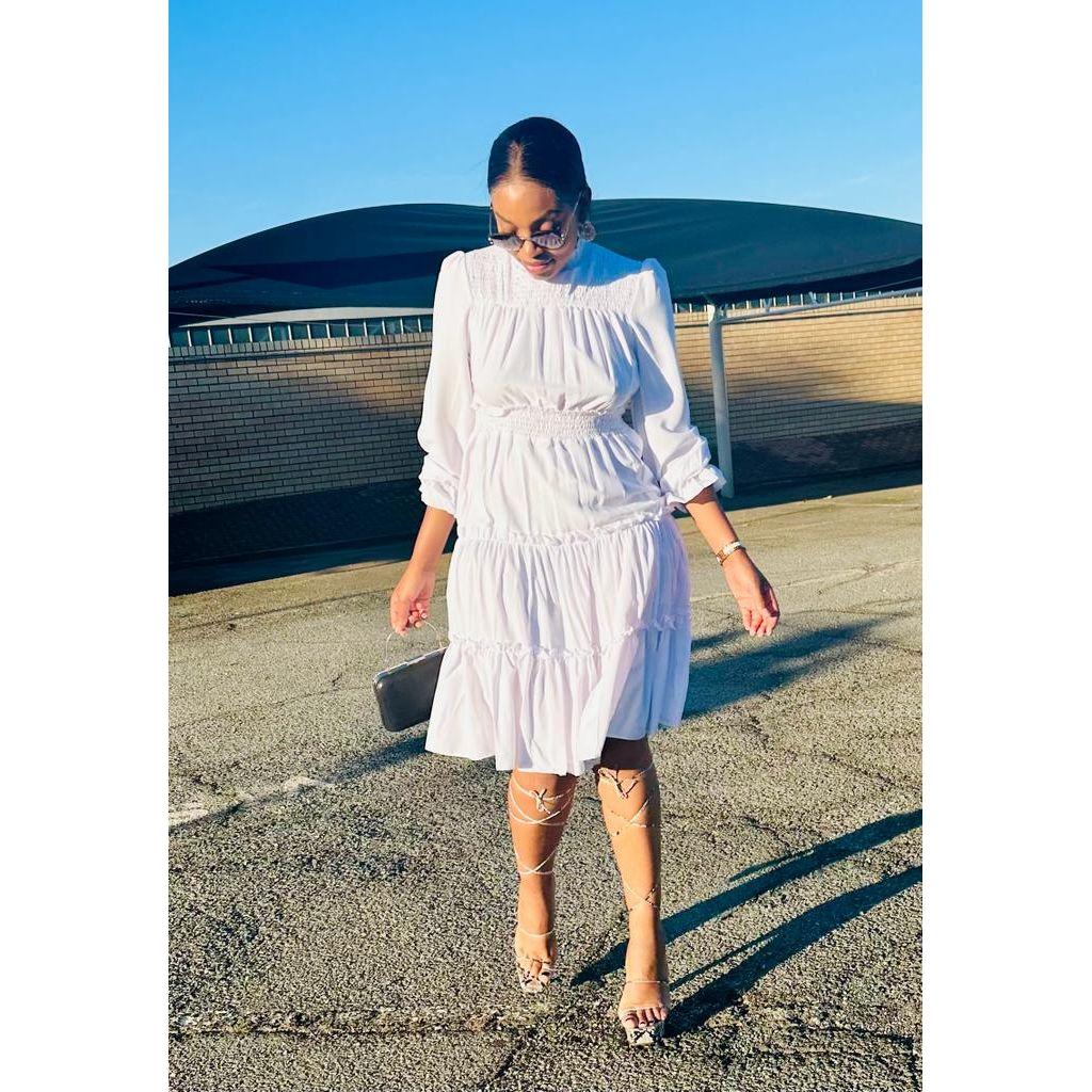 Pleated Long Sleeve Stand Collar Dress