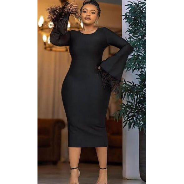 Long Feather Sleeve Bodycon Dress