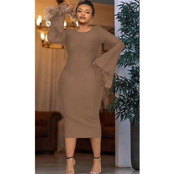 Long Feather Sleeve Bodycon Dress